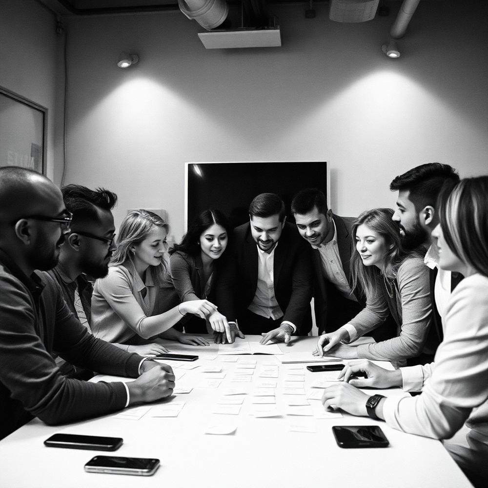 Equipo construyendo conceptos creativos en una sesión de trabajo